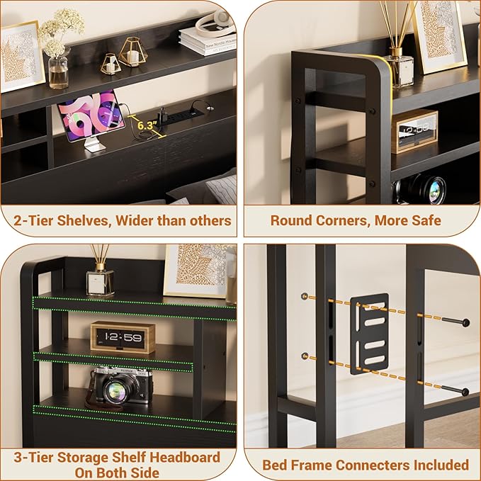 Aheaplus Headboard for Twin Size Bed with Storage, Headboards with LED Light, Power Outlets, USB Ports Twin Size Head Board, Wood headboard Only Sturdy and Stable Headboards, Modern, Black