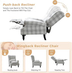 HULALA HOME Upholstered Wingback Recliner Chair, Small Adjustable Footrest Push Back Single Reclining Sofa, Mid Century Modern Lounge Armchair for Living Room, Bedroom, Reading/Plaid Grey