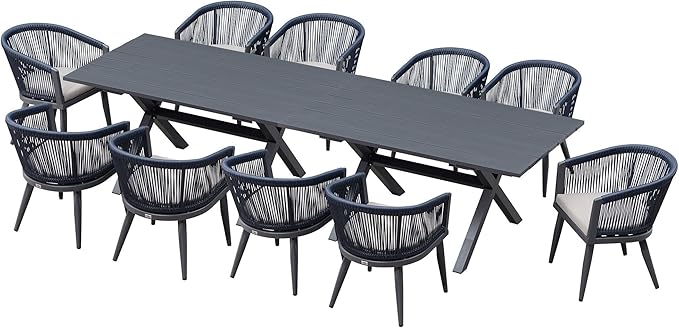 PURPLE LEAF Outdoor Dining Set for 10 All-Weather 12 Pieces Patio Aluminium Dining Large Table and Rope Weave Chairs Included Cushions for Backyard Indoor Modern Patio Furniture Set Gray and Navy