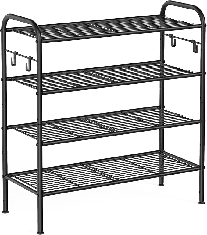 SONGMICS Shoe Rack, 4-Tier Shoe Organizer, Metal Shoe Shelf Storage with 4 Side Hooks, Holds 16 Pairs of Shoes, Height-Adjustable Shoe Rack for Entryway, Hallway, Closet, Easy Assembly, Ink Black