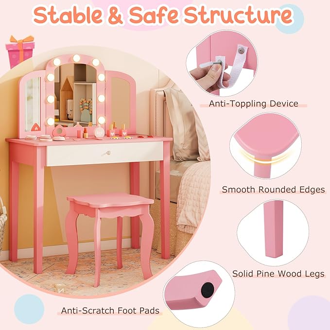 Costzon Kids Vanity, Girls Vanity Set with Mirror and Stool and Lights, Storage Drawer, Princess Toddler Makeup Vanity Desk Dressing Table, Wooden Kids Vanity Table and Chair Set (Pink)