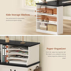 61" Executive Desk, Farmhouse Home Office Desk with Drawers, Wood L Shaped Computer Desk with 4-Tier Paper Organizer, File Holder, Power Outlets, LED Light, Storage Shelves, Hooks, White