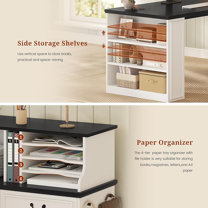 61" Executive Desk, Farmhouse Home Office Desk with Drawers, Wood L Shaped Computer Desk with 4-Tier Paper Organizer, File Holder, Power Outlets, LED Light, Storage Shelves, Hooks, White