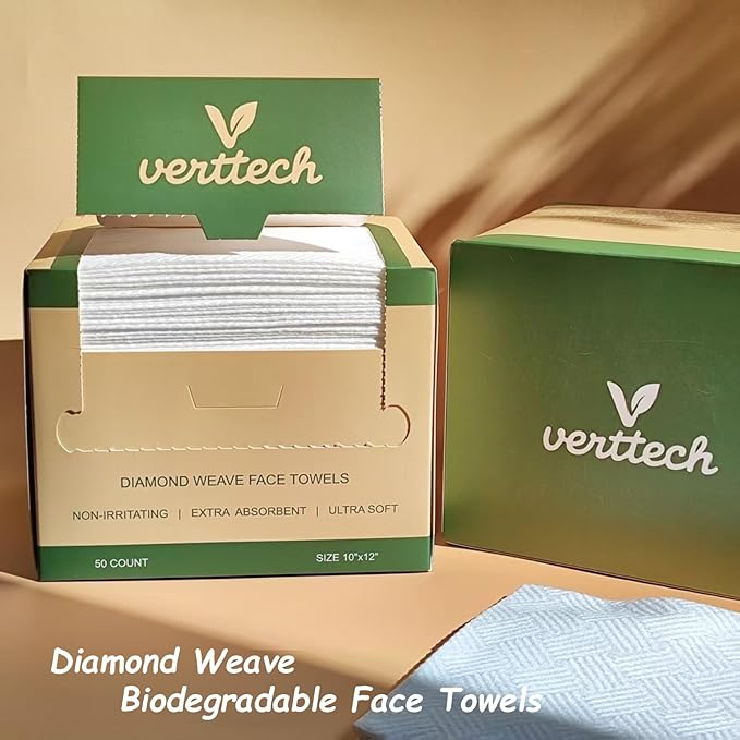 verttech™ Diamond Weave Disposable Face Towels, 50 Count – Extra Large 10"x12", Ultra Absorbent, Dual-Texture Towelette for Skincare, Makeup Remover Towels