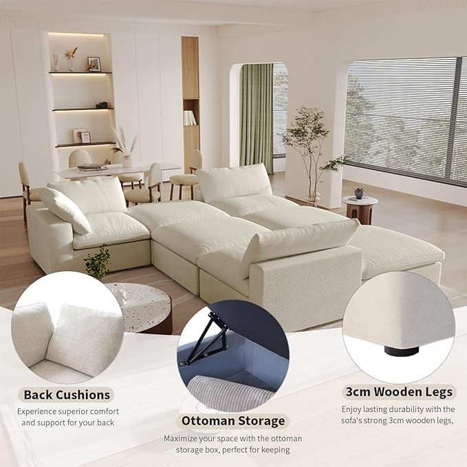 Cloud Couch Modular Sectional Sofa,160.6" Down Filled Couches with Storage Ottoman,Modern U Shaped Couch 6 Seater,Khkai Convertible Sectional Sofa for Living Room,Covers Removable & Washable