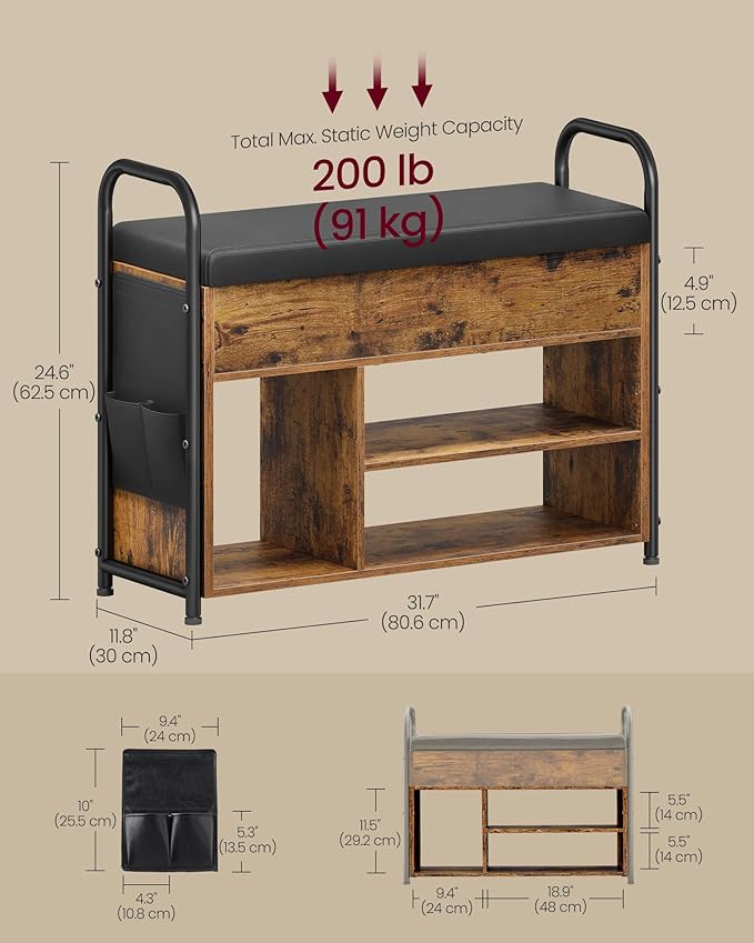 VASAGLE Shoe Bench, Shoe Rack, Entryway Furniture, Inner Storage Under The Lid, PU Pockets, Convenient Handles, for Entryway, Living Room, Bedroom, Rustic Brown and Ink Black ULSB052K01