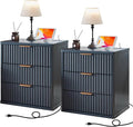 LEYAOYAO Fluted Nightstand Set of 2 with Charging Station,23" Modern Nightstand with Woodgrain Top, 3 Drawer End Table w/Storage, BedsideTables for Bedroom, Living Room, Curved Profile,Blue