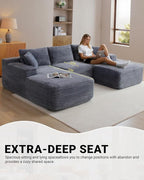 108 Inch Cloud Sectional Couch,Modern Modular Sectional Sofa with Deep Seat,Corduroy Boneless Couches with L-Shape Chaise for Living Room,No Assembly Required (Grey, Left Facing Chaise + Ottoman)