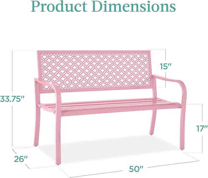 Best Choice Products Outdoor Bench 2-Person Metal Steel Benches Furniture for Garden, Patio, Porch, Entryway w/Geometric Backrest, 790lb Capacity - Pink