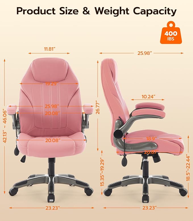 Office Desk Chair, Ergonomic Computer Chair with Padded Flip-Up Arms and Adjustable Lumbar Support, PU Leather Executive Chair with Tilt Lock and 360° Swivel Rolling Wheels for Work, Study