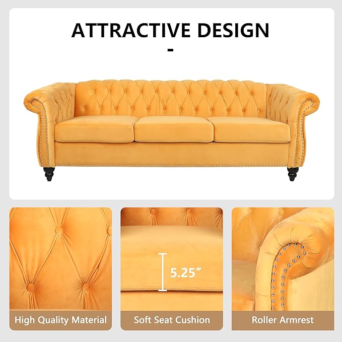 Home Sofa Living Room Furniture, 3 Seater 84" Velvet Upholstered Couch, Mid Century Modern Comfy Couch with Cushions, Classic Tufted Chesterfield Couches for Bedroom, Office, Apartment (Yellow)