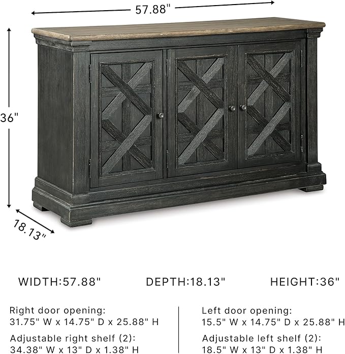 Signature Design by Ashley Tyler Creek Vintage Casual Dining Room Buffet Cabinet or Server with 3 Doors and Lattice Design, Wood, 36" High, Black & Gray