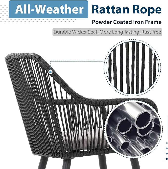 JOIVI Outdoor Dining Chairs Set of 6, 6 Pieces Woven Rope Patio Chairs with Armrest and Seat Cushions for Outside Porch, Balcony or Indoor Dining Kitchen, Restaurant, Black