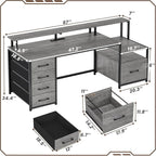 SEDETA Home Office Desk with File Drawer & Power Outlet, 66'' Computer Desk with 5 Drawer, Storage Shelves, Printer Cabinet and Monitor Shelf, Gaming Desk with Led Lights, Grey