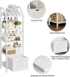 Bathroom Floor Cabinet, 5-Tier Bathroom Storage Organizer Rack with Drawer, Multifunctional Corner Unit, 47.24 Inches in Height, White