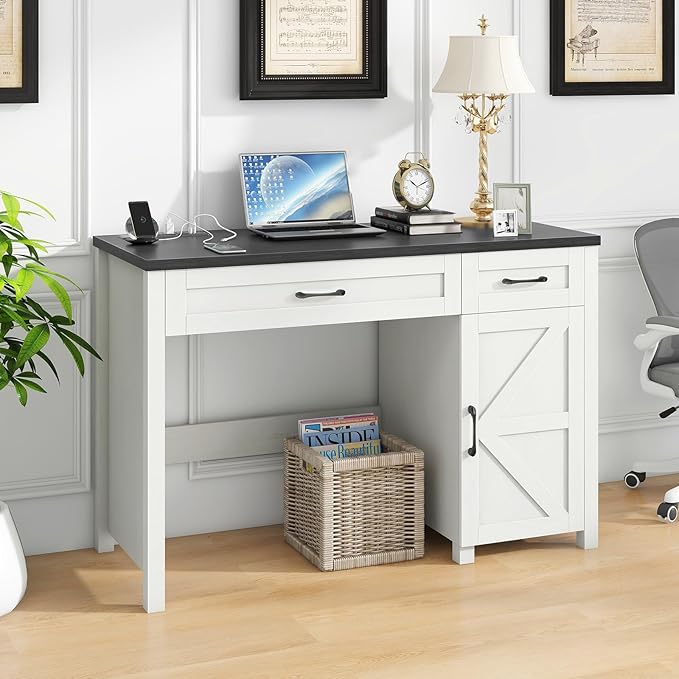 Vabches Farmhouse 47" Executive Desk, Computer Desks with Drawers and Storage Cabinet, Workstation Computer Desk for Home Office, Study.(Black).