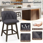 COSTWAY Counter Height Bar Stools Set of 4, Fabric Upholstered Island Stools with 360° Swivel Seat & Button-Tufted Back, Modern Pub Stools with Solid Rubber Wood Frame (Grey,4)