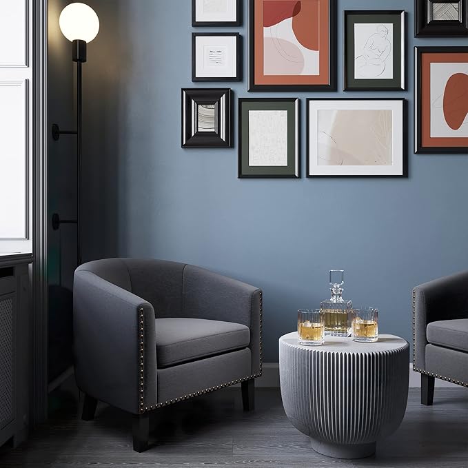 BELLEZE Accent Barrel Chair, Modern Tub Club Chair Upholstered Armchair with Gold Nail Head Trim and Black Legs for Living Room Bedroom Apartment Lounge - Gray/Linen