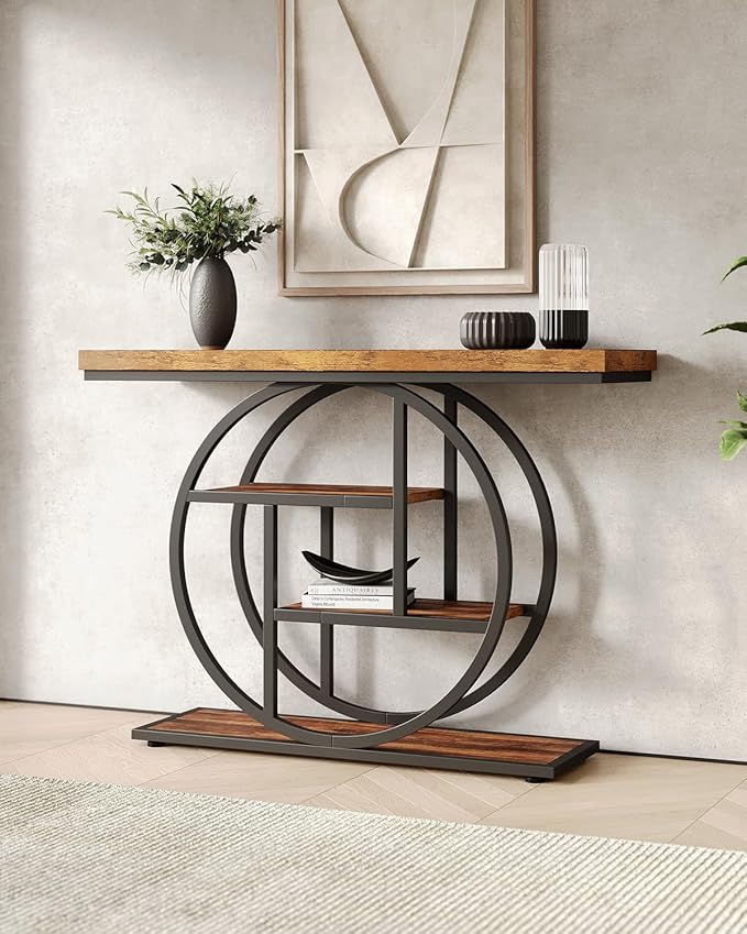LITTLE TREE Console Table, 4-Tier Entryway Table, 41.3-Inch Industrial Sofa Table for Living Room, Foyer Hallway Table for Entrance, Rustic Brown and Black