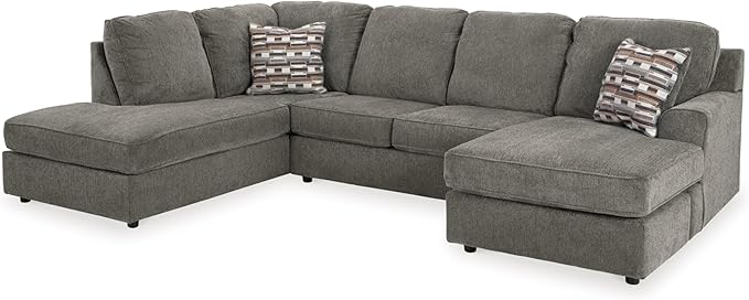Signature Design by Ashley O'Phannon Casual Left-Arm Facing Herringbone Chenille 2-Piece Sectional with Chaise, Loose Seat Cushions and 2 Throw Pillows, Gray