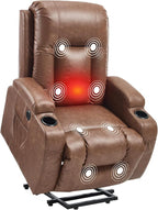 PELUMY Manual Lift Recliner Chair for Elderly with Massage & Heat, Oversized Heavy Duty 350 lbs Recliner with Cup Holders & USB Ports, Infinite Positioning Lift Chair (Breathable Leather, Brown)