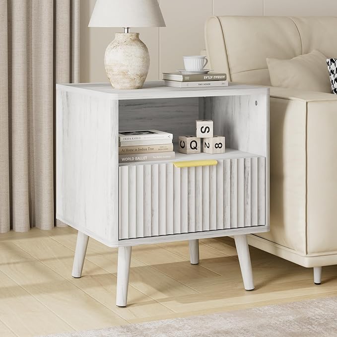LYNSOM Fluted Dresser and Nightstand Sets 2 Piece, 1-Drawer Nightstands and 7-Drawers Dresser, Wood Bedroom Furniture Set for Home, Bedroom, Hallway, White