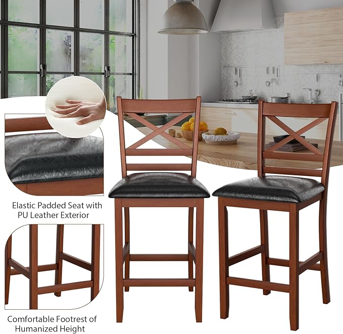 COSTWAY Barstools Set of 4, 25” Counter Height Mid Century Modern Island Chairs with Back, Soft Cushion & Faux Leather Seat, Wooden Armless Kitchen Stools for Home, Cafe Shop, Restaurant, Pub