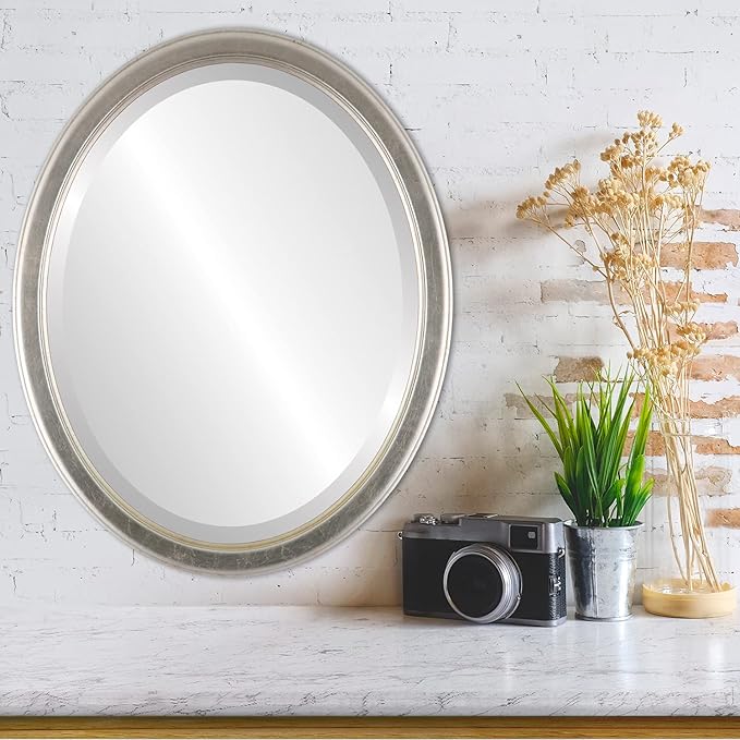 OVALCREST Oval Beveled Wall Mirror for Home Decor - Toronto Style - Silver Leaf with Brown Antique - 18" x 14"