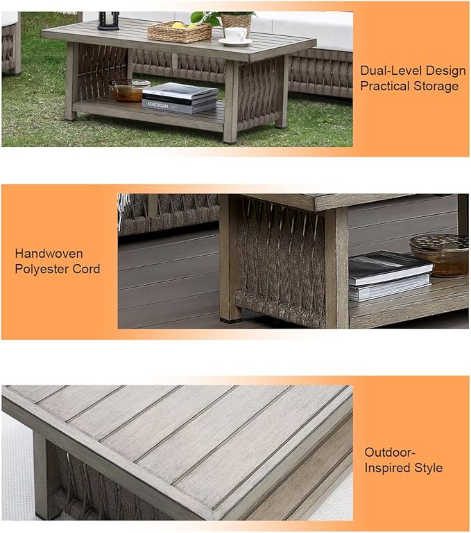 Outdoor Coffee Table, Aluminum Rope Weave Patio Coffee Table, Weatherproof Outside 2-Tier Rectangle Outdoor Patio Furniture for Garden, Pool, Outside, Decks, Gray Oak