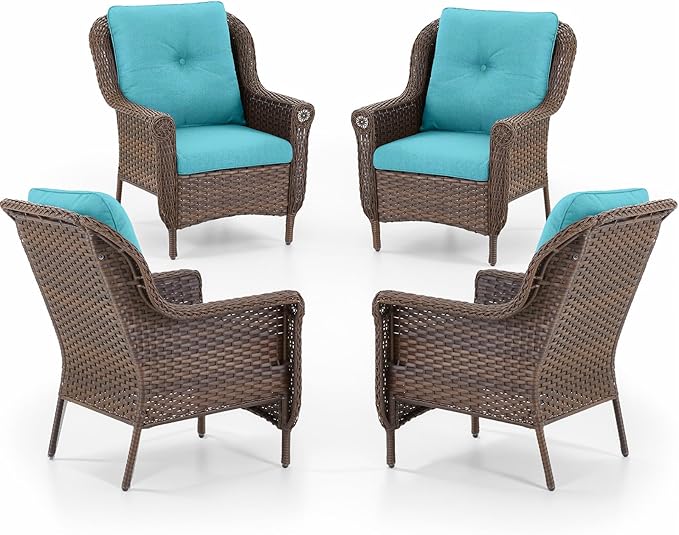 Patio Wicker Chairs Outdoor Furniture Chair - Set of 4 Outside All Weather Lawn Dining Brown Rattan Armchair with High Back&Deep Seating for Deck Porch Balcony Backyard Garden - Turqoise