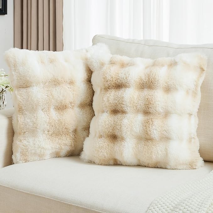 FUTEI Beige White Decorative Throw Pillow Covers 24x24 Inch Set of 2,Soft Fuzzy Faux Rabbit Fur European Cushion Covers with Raised Texture,Neutral Boho Home Decor for Couch Bed Living Room