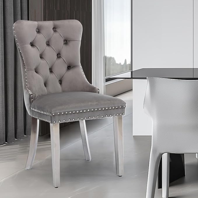 Velvet Upholstered Dining Chairs Set of 4, Modern Style Kitchen Side Chairs with Nailhead Trim and Silver Plated Leg, Metal Pulling Ring for Dining Room Living Room(Gery-Silver Plated Leg)