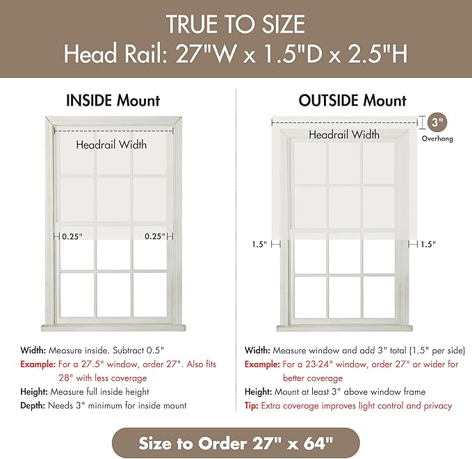 Madison Park Kyler Cordless Roman Shades - Single Panel, Lightweight Linen Blend Fabric, Natural Design, Easy Installation, Light Filtering Window Blind, Bedroom, Living Room Decor 27"W x 64"H Natural