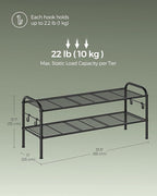 SONGMICS Shoe Rack, 2-Tier Shoe Organizer, Metal Shoe Shelf Storage with 4 Side Hooks, Holds 10 Pairs of Shoes, Height-Adjustable Shoe Rack for Entryway, Hallway, Closet, Easy Assembly, Ink Black