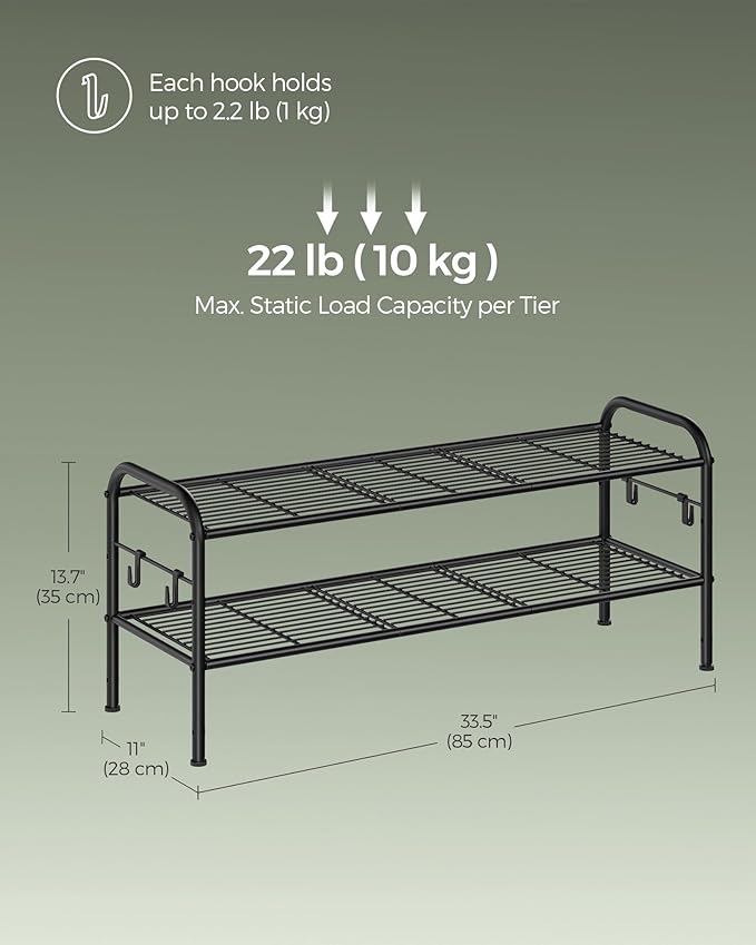 SONGMICS Shoe Rack, 2-Tier Shoe Organizer, Metal Shoe Shelf Storage with 4 Side Hooks, Holds 10 Pairs of Shoes, Height-Adjustable Shoe Rack for Entryway, Hallway, Closet, Easy Assembly, Ink Black