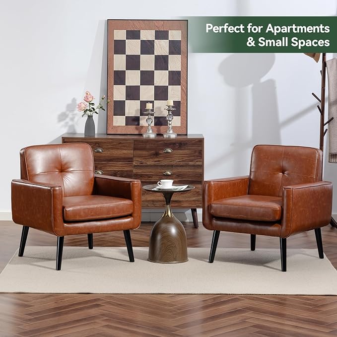 Accent Chair Set of 2, PU Leather Modern Chair with Wooden Frame, Cozy Armchair Reading Chair with Comfy Back for Apartment, Living Room, Bedroom, Waiting Room, Small Space, Corner, Brown