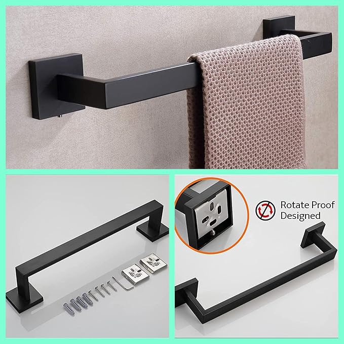Bathroom Hardware Set Bathroom Accessories Set SUS304 Towel Bar Set Includes Towel Bar Inch+Towel Holder+Toilet Paper Holder+Towel Hook (4, Matte Black)