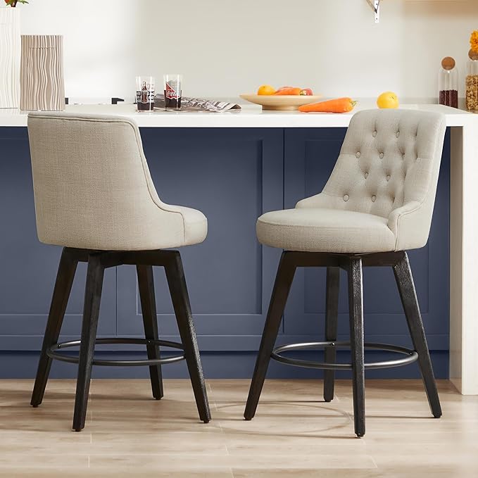 Watson & Whitely Counter Height Bar Stools, Performance Fabric Upholstered Modern Swivel Barstool with Back, Solid Wood Legs, 26" H Seat, Tan