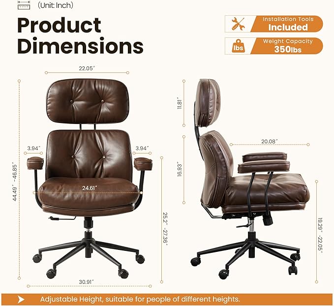 Home Office Desk Chair, Mid-Century Modern Office Chair with Adjustable Lumbar Support, Thickened Cushion Executive Desk Chair with 360 Rolling Swivel for Meeting Game Study Room(Coffee)