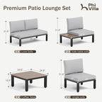 PHI VILLA 6 Pieces Outdoor Patio Furniture Set,Metal Frame Modern Outdoor Sectional Sofa Set,6 Seats Patio Conversation Sets with Coffee Table&Thickened Cushion,for Poolside and Backyard,Light Grey