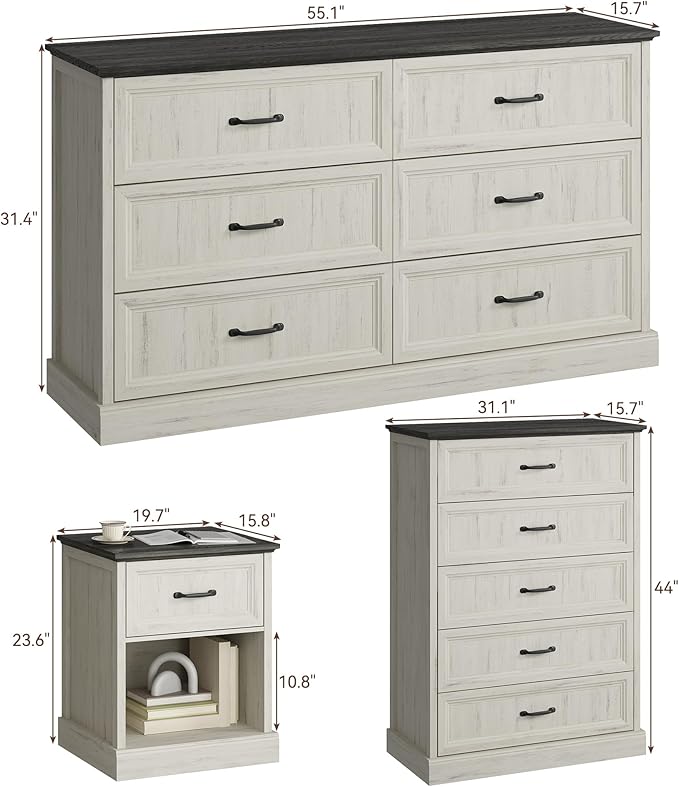 CARPETNAL Farmhouse Dresser and Nightstand Sets for Bedroom, 4 Pcs Bedroom Set, 5 Drawer & 6 Drawer Dresser and Nightstand Set of 2, Wood Chest of Drawers for Living Room, Entryway, White