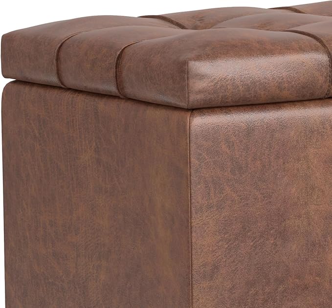 SIMPLIHOME Sienna 33 inch Wide Transitional Rectangle Storage Ottoman Bench in Distressed Saddle Brown Vegan Faux Leather, Assembled, for The Living Room, Entryway and Family Room