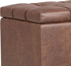 SIMPLIHOME Sienna 33 inch Wide Transitional Rectangle Storage Ottoman Bench in Distressed Saddle Brown Vegan Faux Leather, Assembled, for The Living Room, Entryway and Family Room