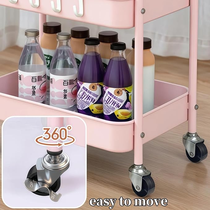 2 Tier Rolling Cart Metal with Wheels Under Desk Storage Cart for Small Space Organization, Small Trolley for Pantry Room Laundry Bathroom Kitchen Office Art Snack Baby Supplies, Pink