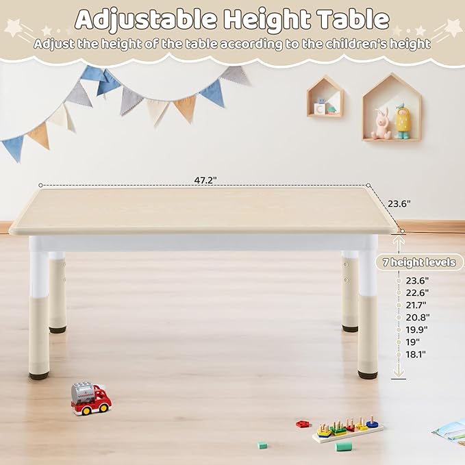 Toddler Table, 7 Level Height Adjustable Kids Play Furniture for Ages 3-8, Rectangular Plastic, 23.6" W x47.2 L, Multi-Activity Desk with Graffiti Desktop for Home & Daycare
