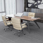 Genuine Leather Office Chair, Mid Back Executive Desk Chairs with Aluminum Arms and Wheels, Swivel Office Leather Chair with Thickened Backrest and Ergonomic Lumbar Support, White