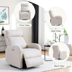Power Swivel Rocker Recliner, Faux Leather Rocking Recliner Chair with USB Port, Swivel Glider Reclining Chair Nursery Recliners for Living Room, Beige