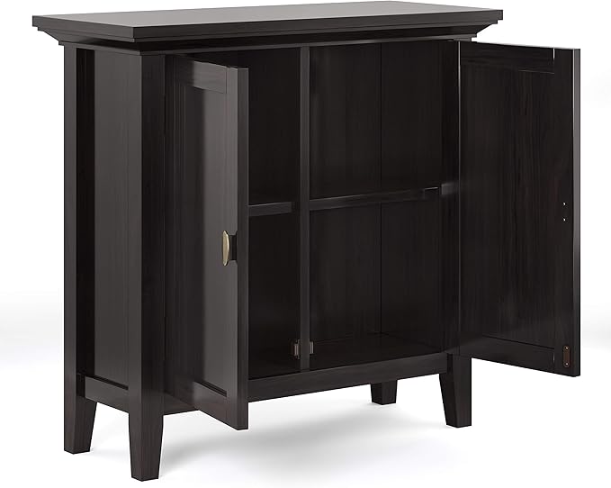 SIMPLIHOME Redmond SOLID WOOD 32 inch Wide Transitional Low Storage Cabinet in Hickory Brown for the Living Room, Entryway and Family Room
