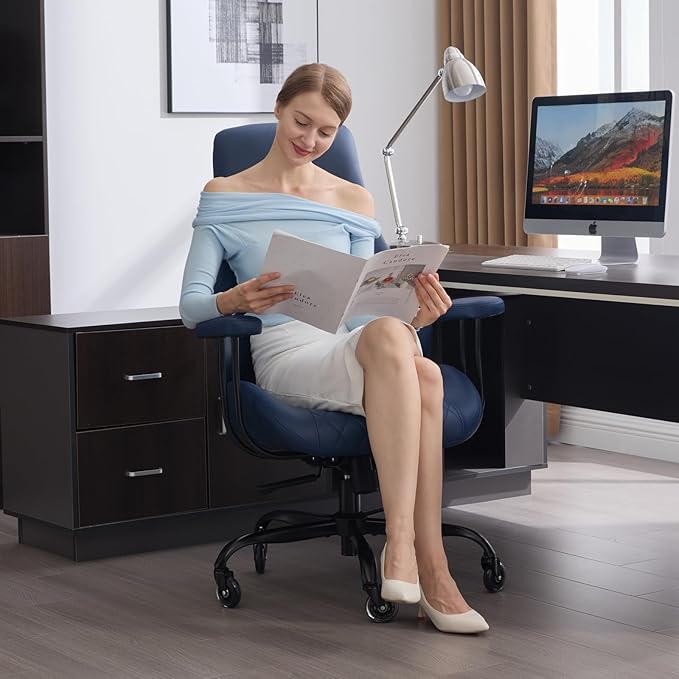 Home Office Desk Chair, Ergonomic High Back Leather Computer Chair with Lumbar Support, Adjustable Height & Recline, Swivel Executive Office Chair with Armrests and Rubber Casters, Blue