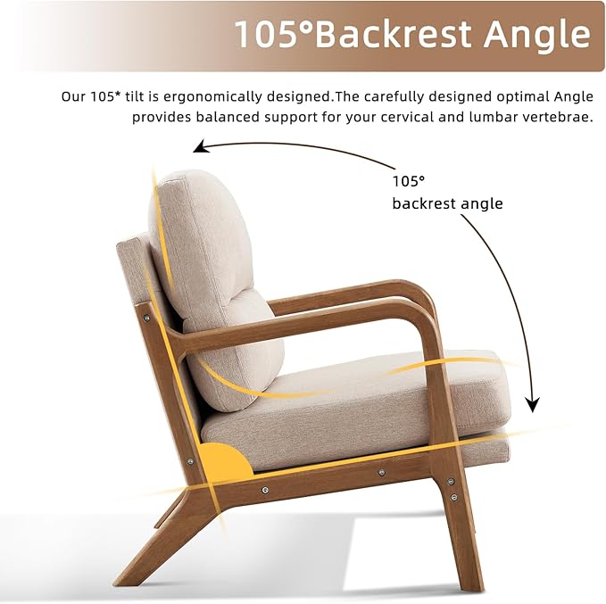 Mid Century Modern Accent Chair Set of 2, Linen Fabric Upholstered Lounge Arm Chair with Solid Wood Frame and Soft Cushion for Living Room, Bedroom, Balcony (1, Beige)